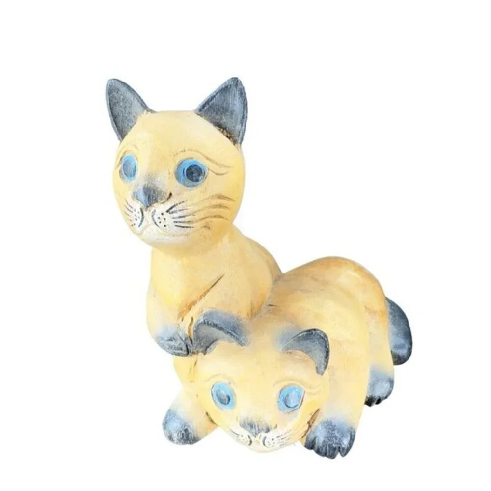Vintage Hand Carved Wood Kitty Cat‎ Figurine Brown With Blue Eyes Cats Figure